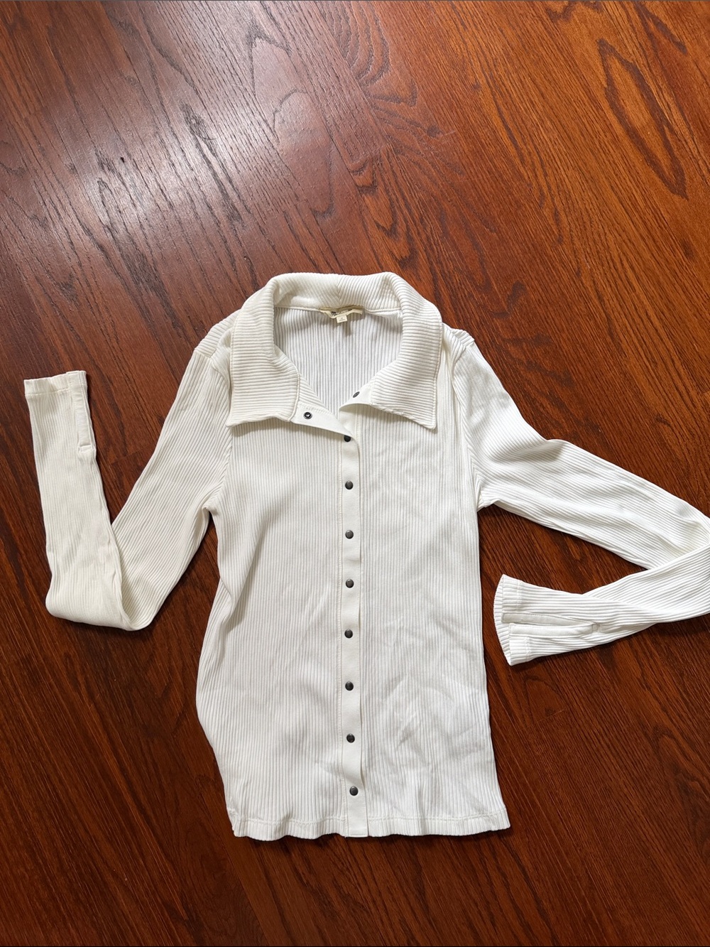 Madewell Cream Ribbed Button-Front Long Sleeve Top